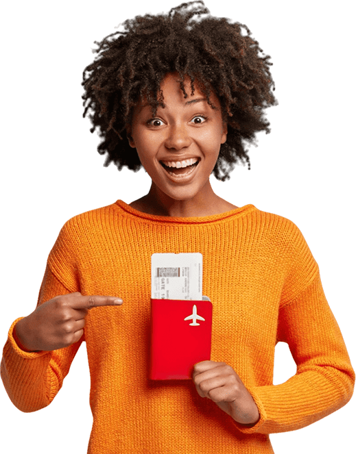 Happy client holding a passport and boarding pass